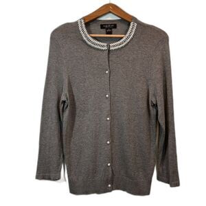 August Silk Heritage Cotton Modal Pearl Collar Cardigan Sweater Size XL Coquette